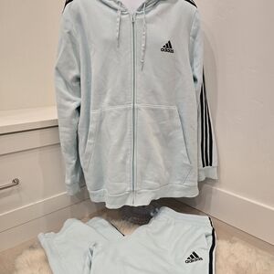 Adidas Light Blue 3-Stripe Hoodie & Jogger Set Mens
